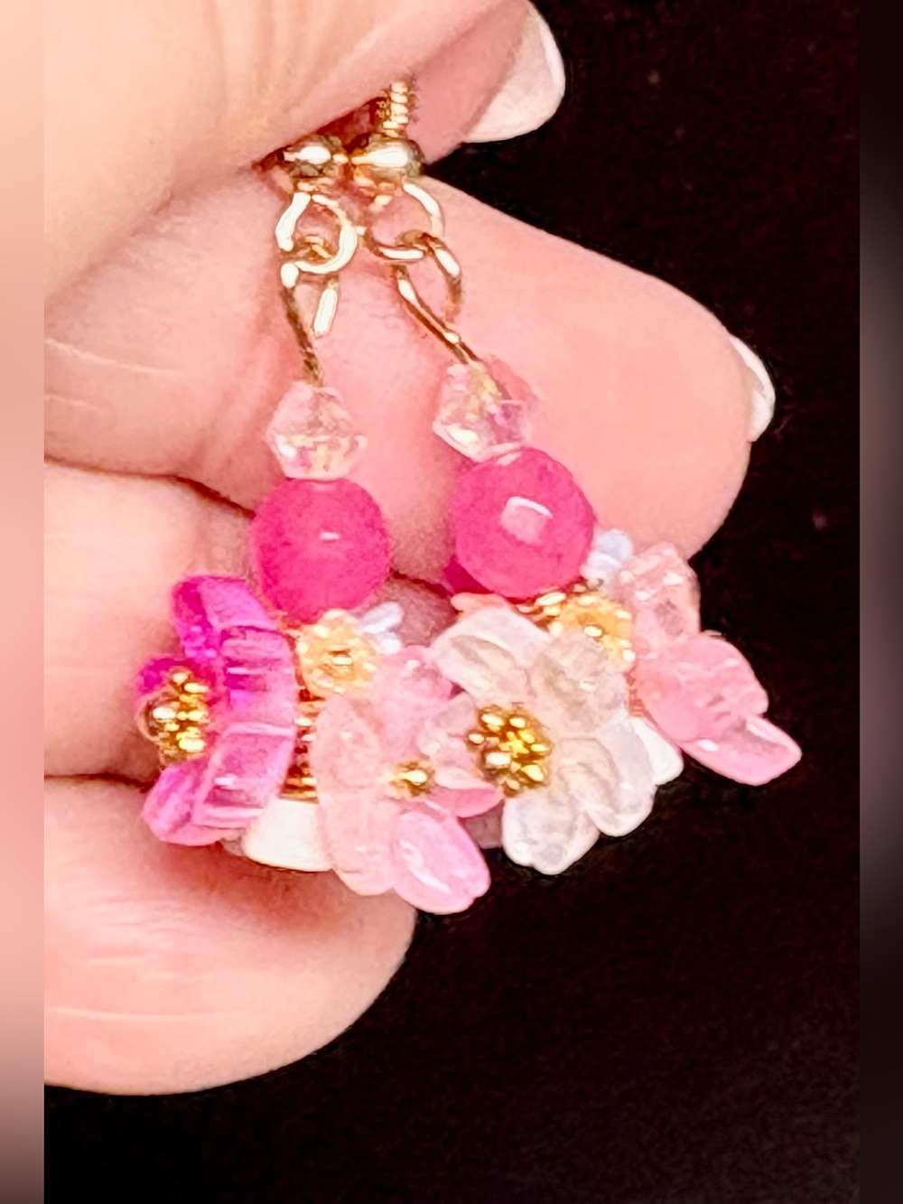 Hand Crafted Gold-Tone Pastel Floral Cluster Earrings with pink and white Beads